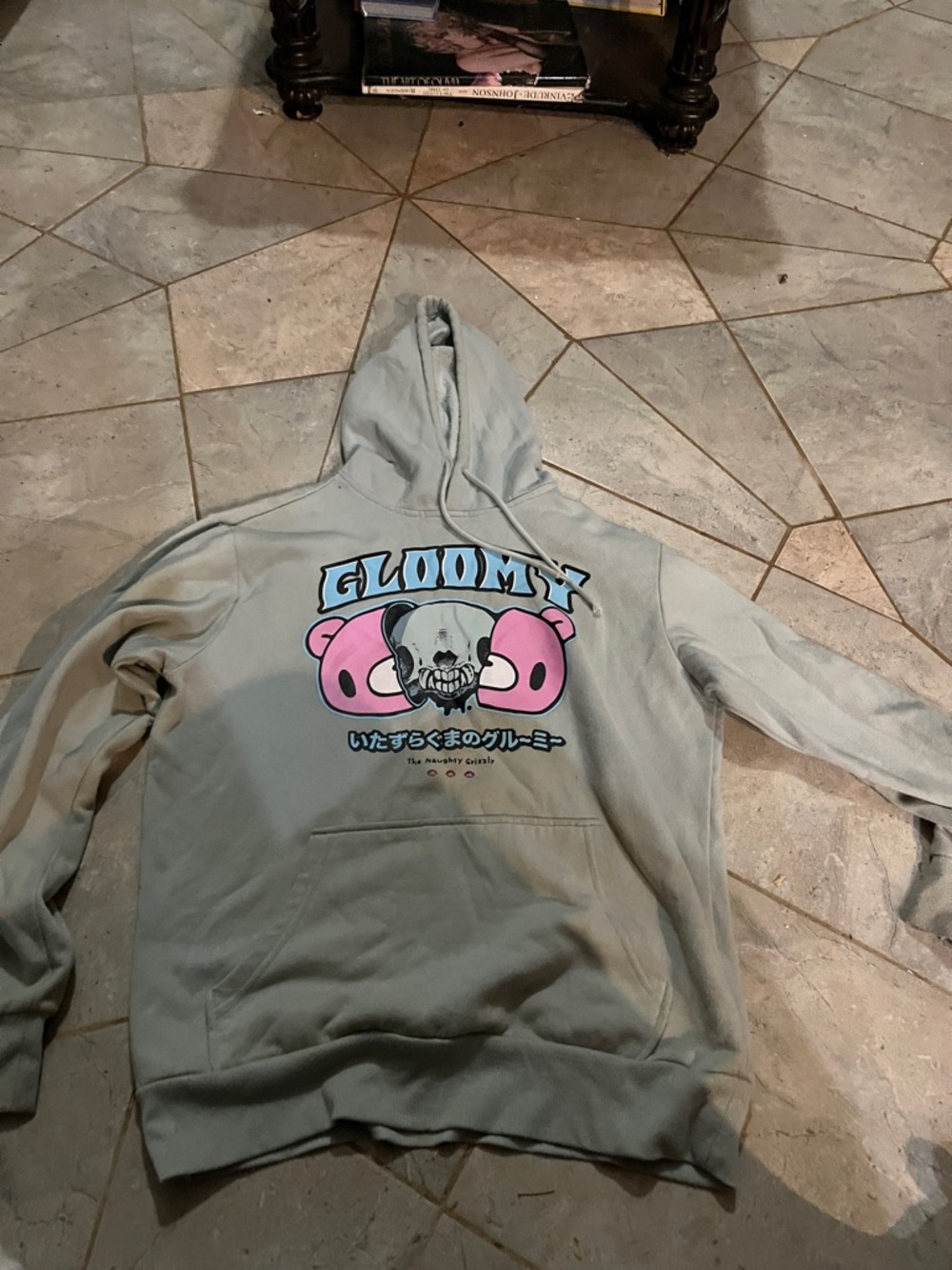 Gloomy Bear Graphic Hoodie in Sage Green